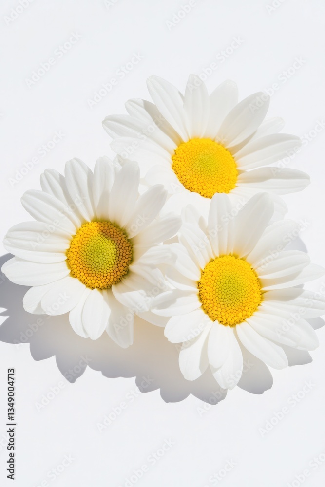 Fototapeta premium Three white daisies with vibrant yellow centers, arranged agains