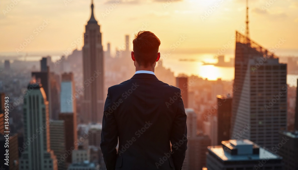 Successful businessman in a suit overlooking the New York skyline at sunrise, representing ambition and leadership Successful businessman in a suit overlooking the New York skyline at sunrise, representing ambition and leadership