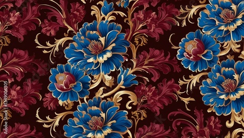 Baroque floral tapestry with burgundy and sapphire blue flowers and gold