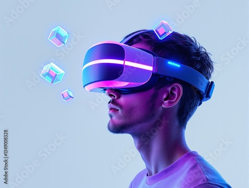 Man wearing a futuristic VR headset with glowing neon lights, surrounded by floating digital cubes on a soft blue background. Concept of virtual reality and metaverse. Ai generative