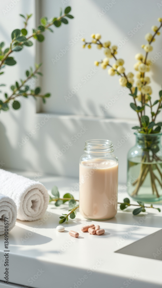 A neatly arranged countertop with a bottle of magnesium glycinate, rolled towels, and potted plants. A neatly arranged countertop with a bottle of magnesium glycinate, rolled towels, and potted plants.