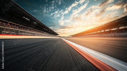 Sunset race track, asphalt, speed, crowds, grandstand, motion blur, competition, advertising