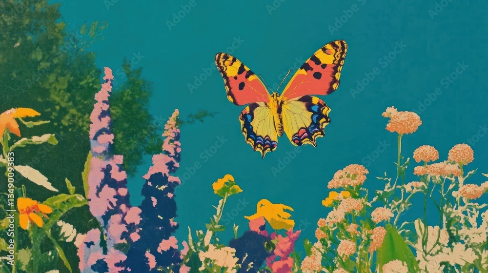 Fototapeta premium Butterfles fly near flowers butterfly invertebrate background.