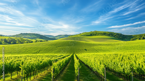 Wallpaper Mural Panoramic View of Lush Green Vineyard with Rows of Vines under a Bright Blue Sky Torontodigital.ca