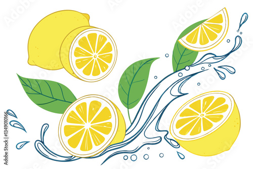 38 Bright yellow lemons, fresh green leaves, splashing water droplets, sliced citrus fruits, white background, high-speed photography, refreshing, vibrant colors, dynamic composition, multiple lemon a