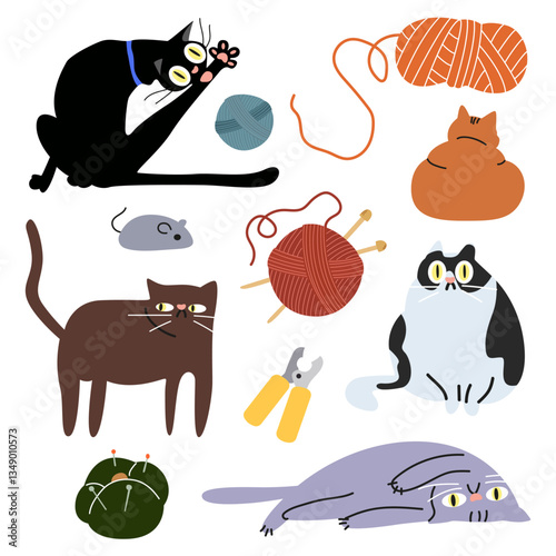 Cartoon cute cats character collection in various poses. Different funny domestic cat with happy charming playful expression. Cats favorite household chores. Vector illustration