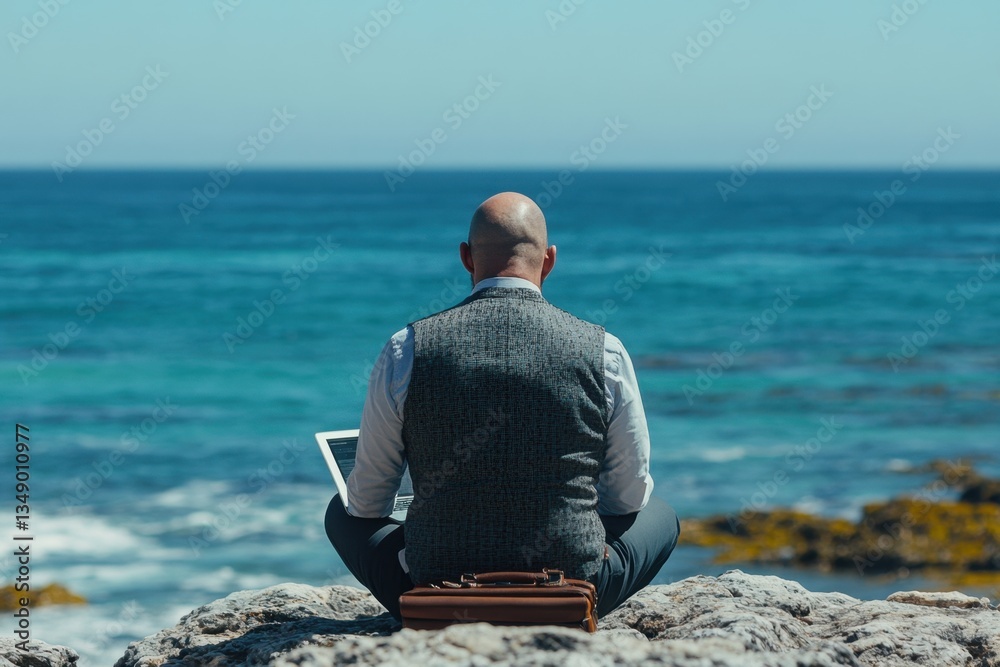 Manly elegance at the seaside, working on a laptop under the bright blue sky in tranquility Manly elegance at the seaside, working on a laptop under the bright blue sky in tranquility