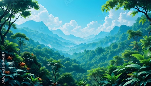 Beautiful landscape with jungle and mountains.Digital illustration lush jungle scene background.