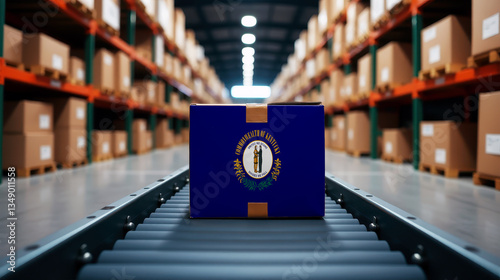 A package wrapped in the Kentucky flag moves on a conveyor belt inside a warehouse. Symbolizing logistics, global trade, and the efficiency of supply chains.