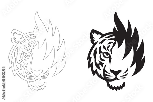 Fierce Tiger Head with Tribal Flame Design. Fully editable Flat and Outline.