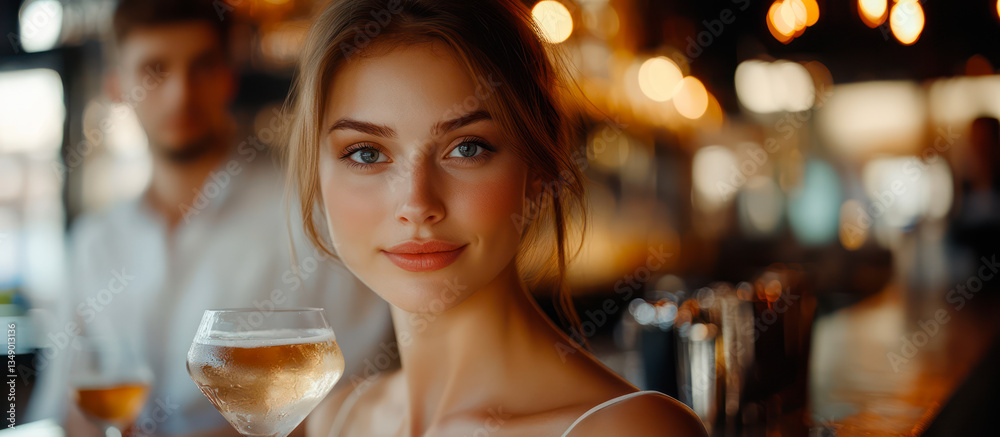 Beautiful woman in a bar. A guy is looking at her. He fell in love Beautiful woman in a bar. A guy is looking at her. He fell in love