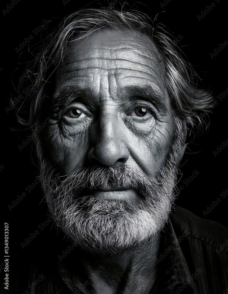 Obraz premium A stark black and white image capturing the rugged features and piercing gaze of a man.