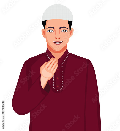 Indian Muslim Man Greet Aadab Cartoon Character Vector Illustration