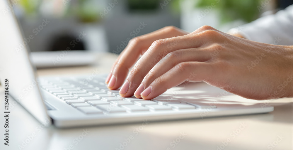 Hands typing on a modern white laptop keyboard in a bright office setting. The background is blurred with natural light, representing digital work and technology. Ai generative Hands typing on a modern white laptop keyboard in a bright office setting. The background is blurred with natural light, representing digital work and technology. Ai generative