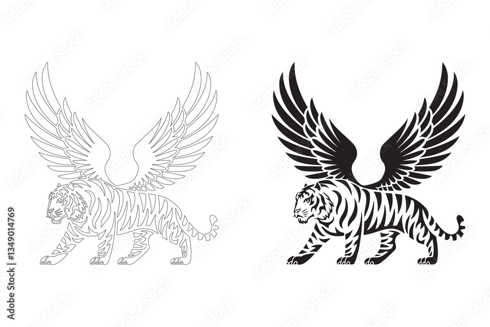 Obraz premium Tiger with Wings: Black and White Vector Graphic. Fully editable Flat and Outline.
