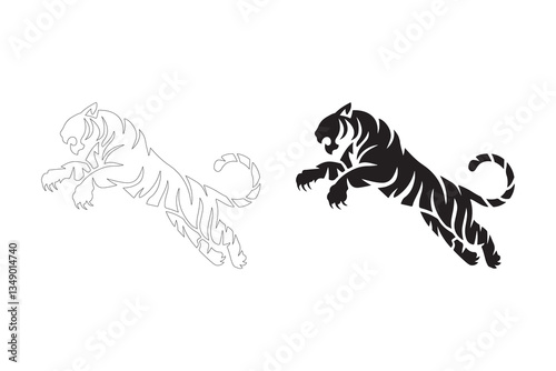 Silhouettes of a Leaping Tiger. Fully editable Flat and Outline