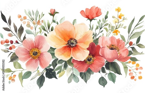 Watercolor painting of a beautiful floral arrangement. Featuring various flowers in shades of pink, orange, and red.