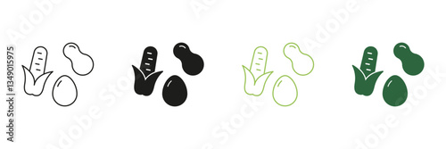 Healthy Eating and Balanced Diet Line and Silhouette Icon Set. Peanut, Egg, and Corn Outline and Solid Icon. Nutritional Foods Symbol. Editable Stroke. Isolated Vector Illustration