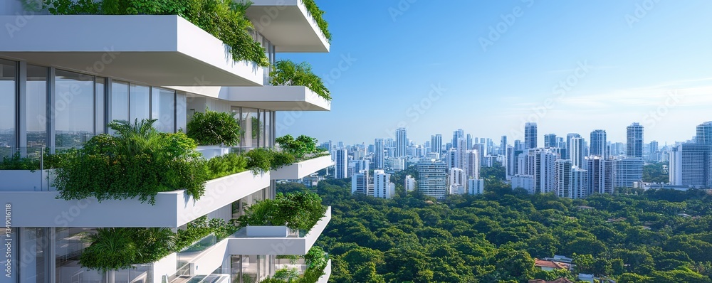 A modern building with green balconies overlooks a vibrant city skyline, blending nature with urban life under a clear blue sky, sustainable living lifestyle. A modern building with green balconies overlooks a vibrant city skyline, blending nature with urban life under a clear blue sky, sustainable living lifestyle.
