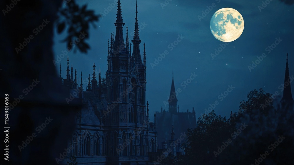 Fototapeta premium Gothic Architecture Under the Moonlight: A Nighttime Scene