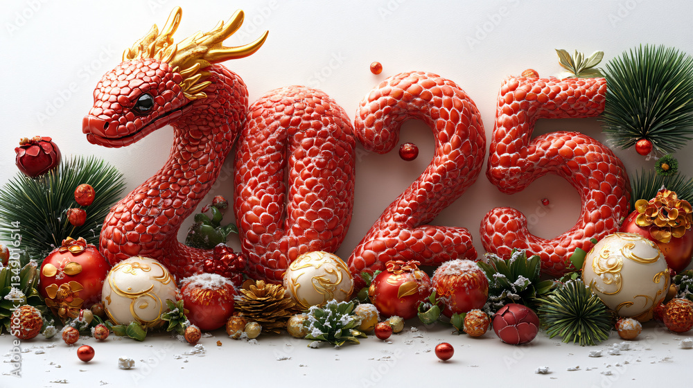 Naklejka premium Festive red gold 2025 numbers with dragon design holiday decorations traditional Chinese New Year theme vibrant textured elements symbolic prosperity fortune celebration elegant ornamental display