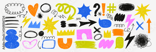 Trendy vector set of abstract scribble objects. Hand drawn arrows and strokes. Modern shapes. Creative collage.