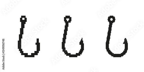 Three black fishing hooks displayed in a simple pixel style. each hook features a slightly different design.