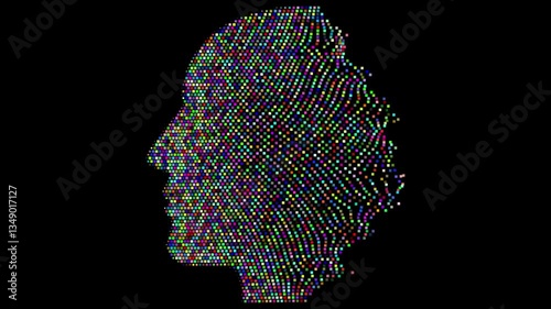 Abstract video motion graphic featuring a person's face composed entirely of colorful dots.