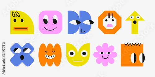 Set of geometric characters with face emotions. Shapes with funny faces. Simple shapes forms, symbols in bauhaus style. Template for a set of stickers, greeting cards, posters, planners. 