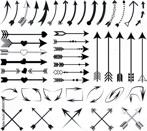 Hand drawn black vector arrows collection. Modern simple flat circle straight curved arrows. Direction symbols chalk charcoal kid fun arrows. Sketches of highlighted pen doodle line stroke arrows.