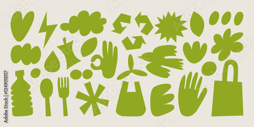 Green eco friendly set with eco symbols and abstract shapes. Eco environment vector set with hand draw symbols of environmental care - zero waste, organic products, recycling, eco-friendly. 