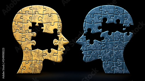 Two puzzle heads, gold and blue, facing each other, some pieces missing.