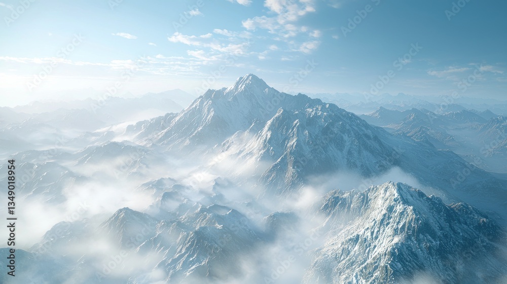 Obraz premium Majestic Snowy Mountain Range Enveloped in Mist: A Breathtaking Aerial View