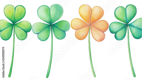 Watercolor Illustration Of Green And Orange Clovers With Transparent Background For Floral Design And Lucky Concept