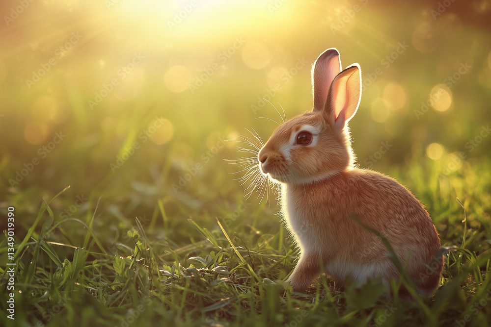 Fototapeta premium Rabbit Sitting on Grass with Sunset Background
