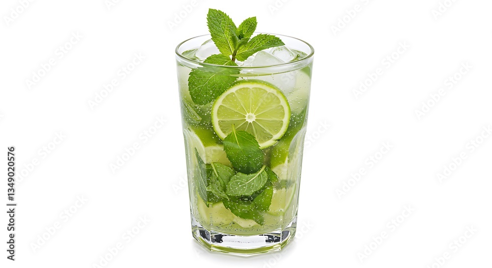 Refreshing Mojito Cocktail with Lime and Mint Isolated on White