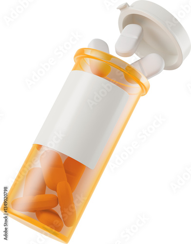 3D opened yellow bottle of pills