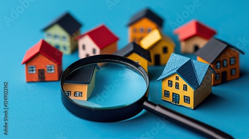 A magnifying glass inspects colorful miniature homes arranged on a blue background, representing house hunting and real estate market analysis.