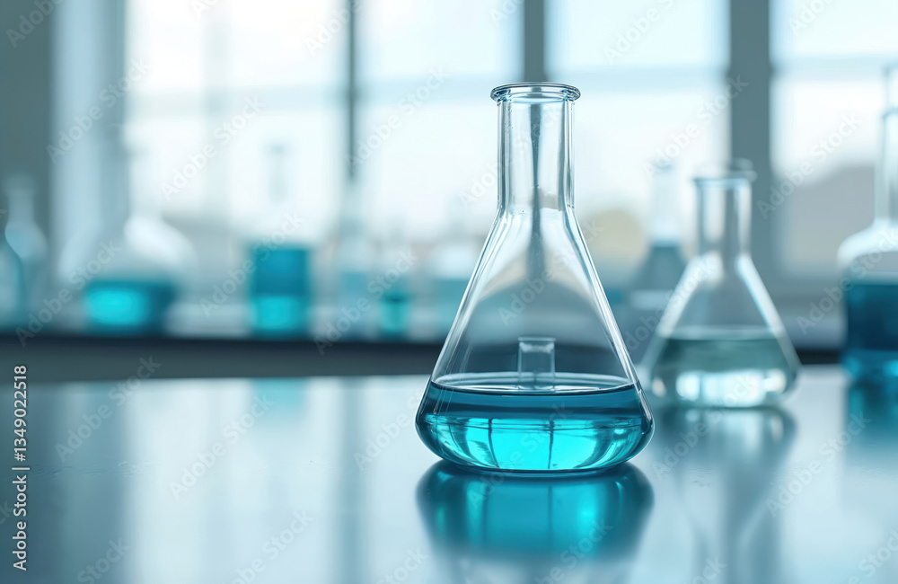 Laboratory scene with Erlenmeyer flask filled with clear blue liquid. Glassware on glossy table. Blurred lab equipment in background. Science, research, chemistry, medicine, biotech concepts. Laboratory scene with Erlenmeyer flask filled with clear blue liquid. Glassware on glossy table. Blurred lab equipment in background. Science, research, chemistry, medicine, biotech concepts.