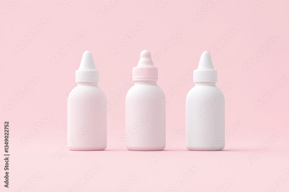 Three simple bottles, light pink and white, on a pastel pink background. Empty containers, possibly for medicine or baby food Three simple bottles, light pink and white, on a pastel pink background. Empty containers, possibly for medicine or baby food