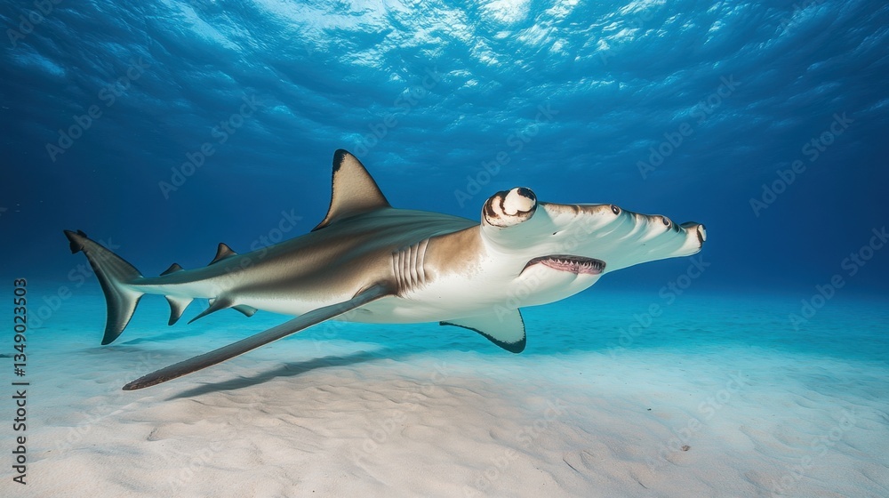 Fototapeta premium A hammerhead shark with its unique head shape clearly visible, gliding through the ocean
