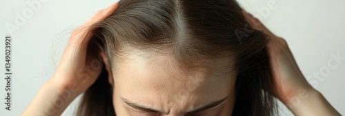 Worried female with stressed look showing scalp and hair problems.