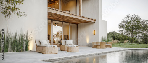 Modern outdoor living space with pool and lounge chairs during golden hour at a luxury home