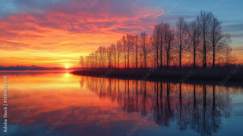 Obraz premium Sunset Over Lake Reflecting Silhouetted Trees in Tranquil Natural Landscape