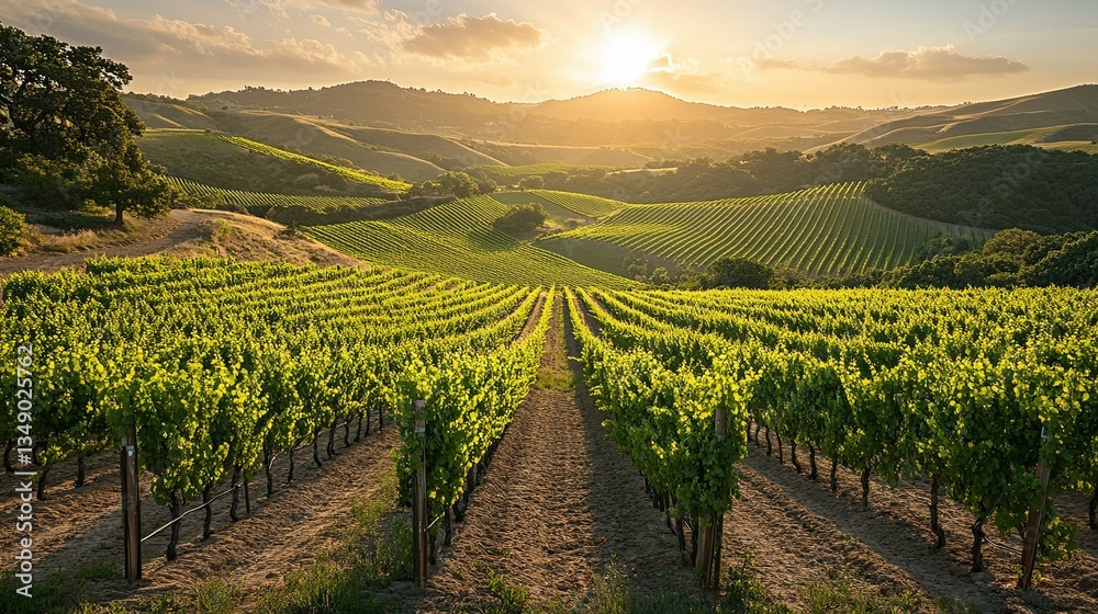 Fototapeta premium Beautiful vineyard landscape showcasing rows of grapevines and rolling hills