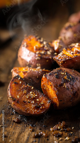 close-up of several whole roasted Korean sweet potatoes placed on a rustic wooden table. The sweet potatoes have a slightly charred and crispy outer skin, with deep earthy tones.