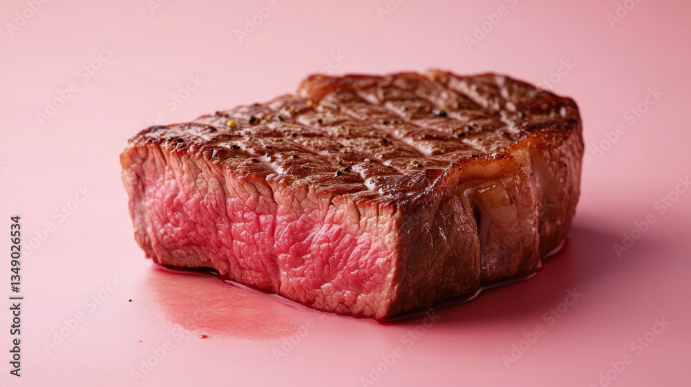 Fototapeta premium Beef steak slice with seasoning on pink background. 