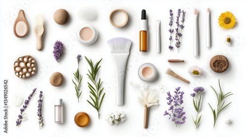 Wallpaper Mural Natural beauty products and botanical elements arranged artfully on a white background for an aesthetic display Torontodigital.ca