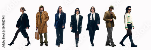 Collage with five confident people, men and women wearing trendy clothes, exceeding confident and business wear aesthetics, blending with trendy accessories against white background. Fashion concept