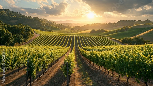 Wallpaper Mural Vineyard rows and green hills under a beautiful golden sunset sky Torontodigital.ca